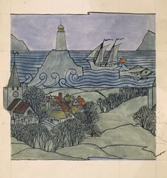 Phare, navire et village
